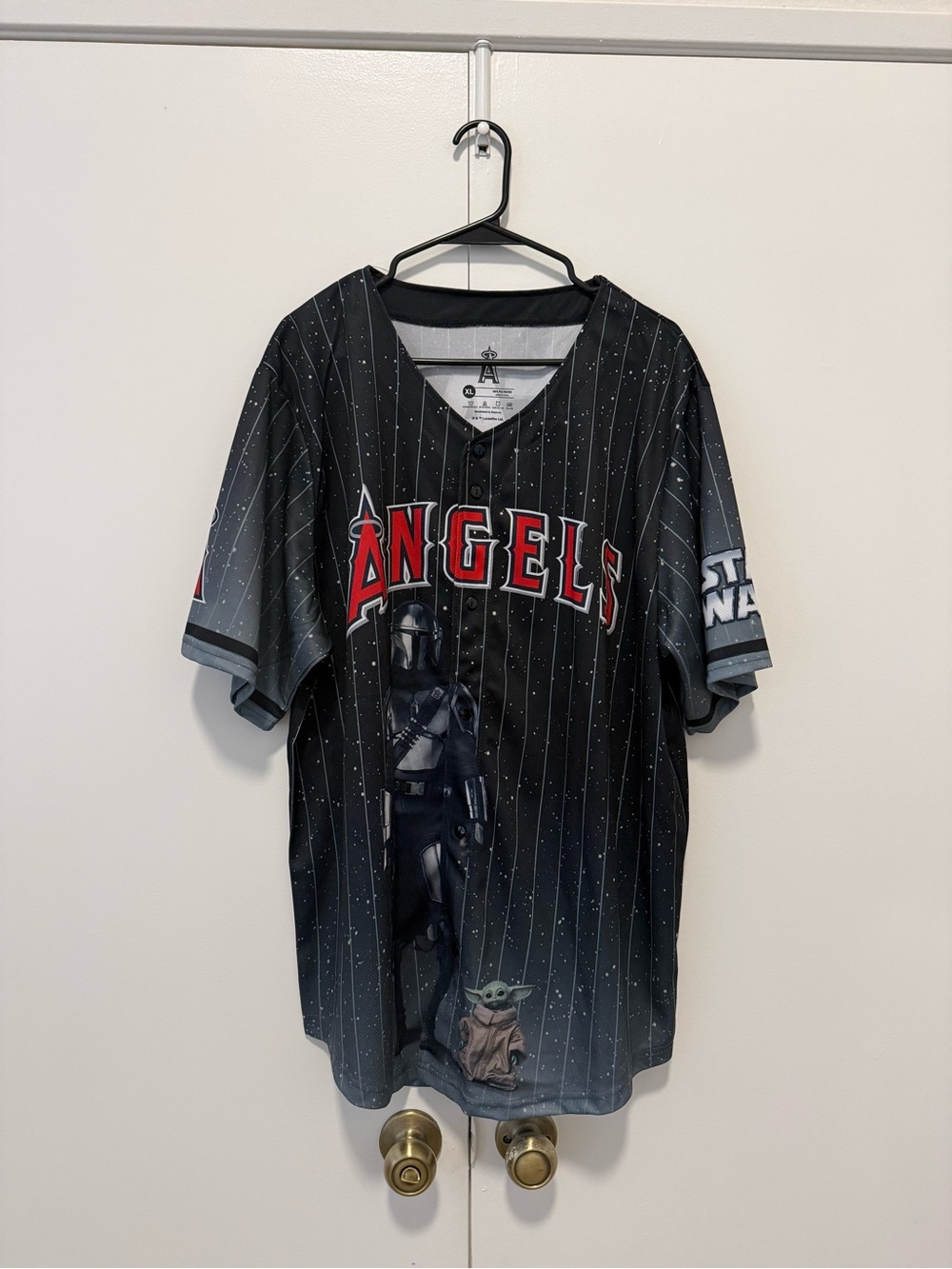 Los Angeles Angels x Star Wars Black Pinstripe Jersey - The Mandalorian & Grogu